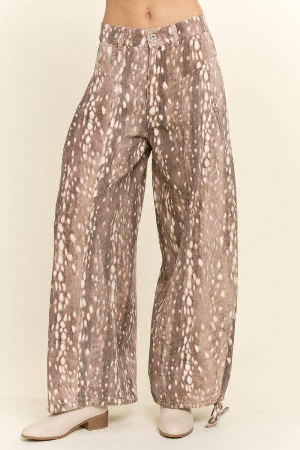 Fawn Spot Corduroy Wide-Leg Pants with Tie Hems