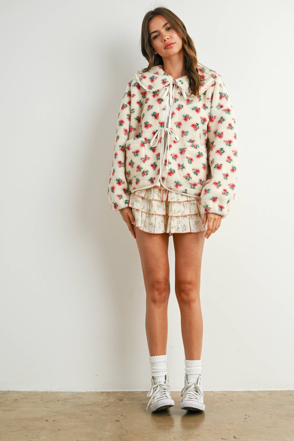 Floral Puffy Tie-Front Sherpa Jacket