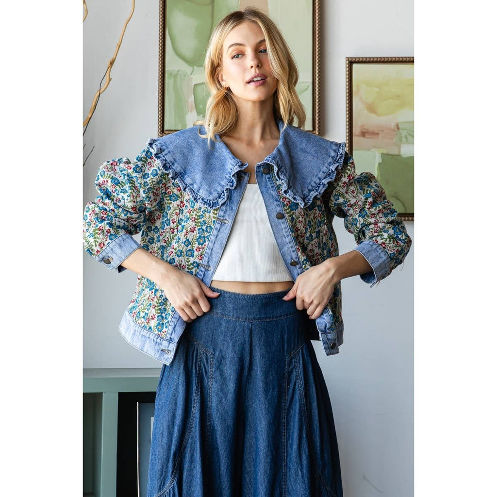 Vintage Jacquard Ruffle collar Denim Jacket