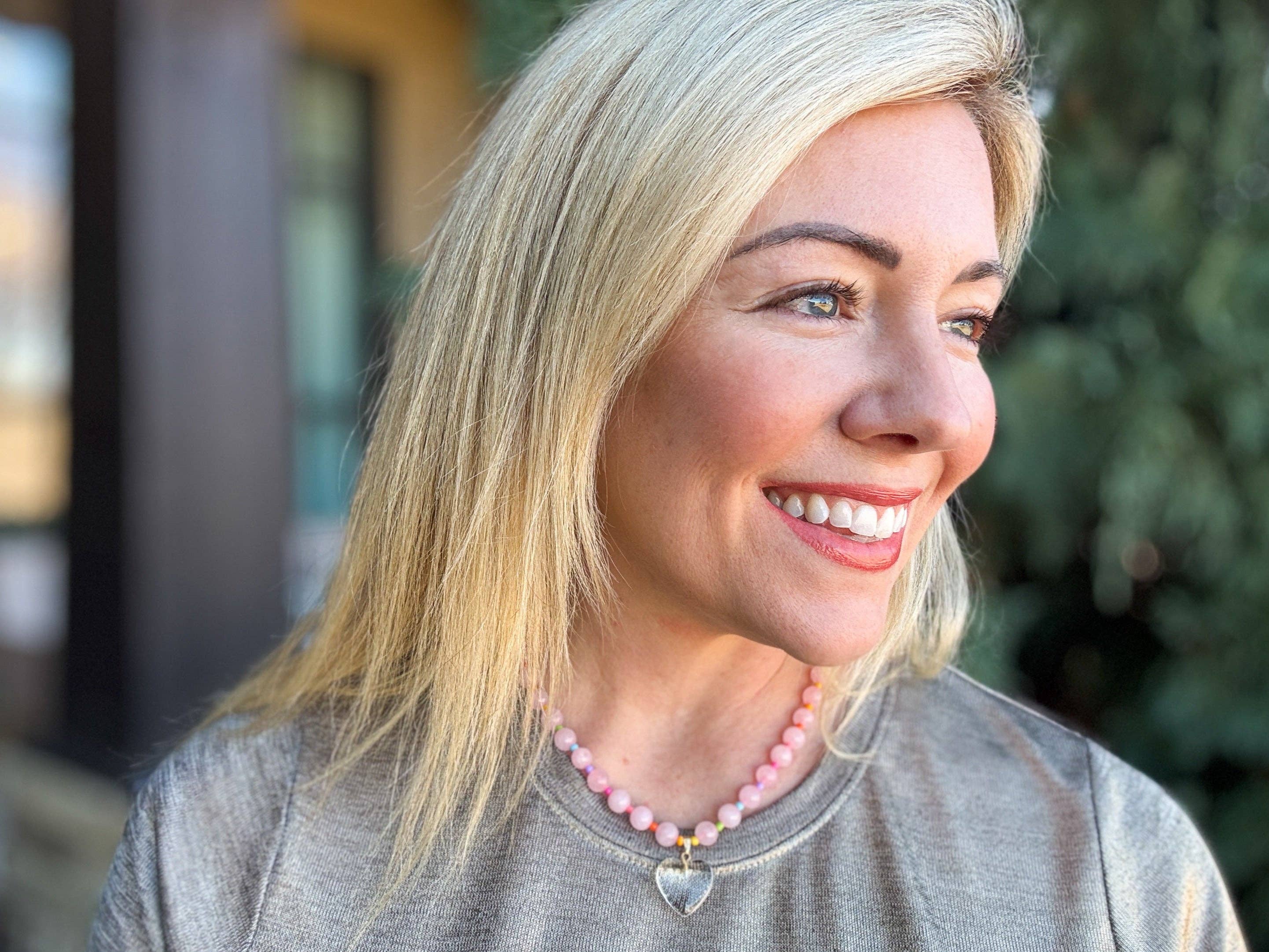 Lottie Beaded Necklace | Pink + Multi-Color w/Dangle Heart