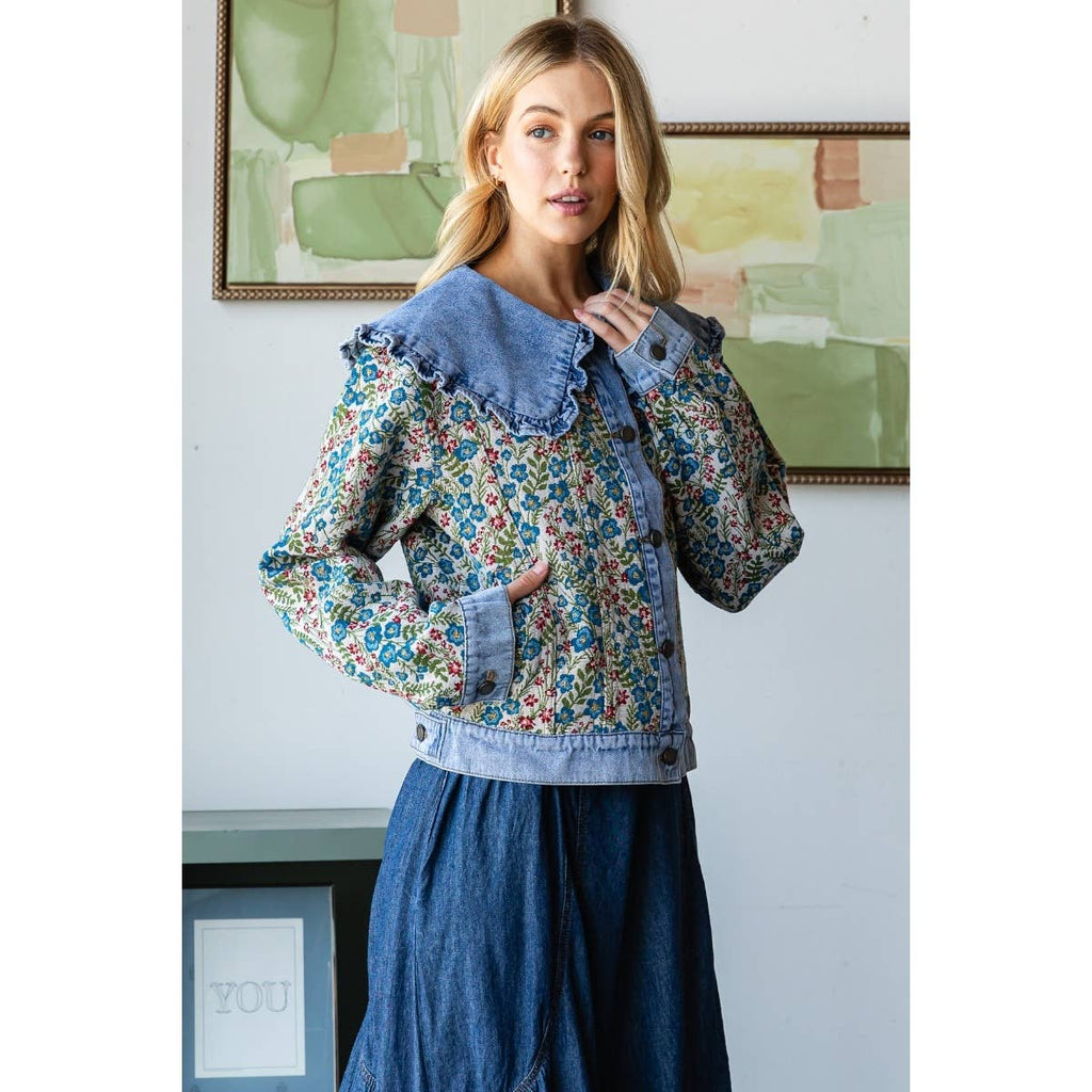 Vintage Jacquard Ruffle collar Denim Jacket