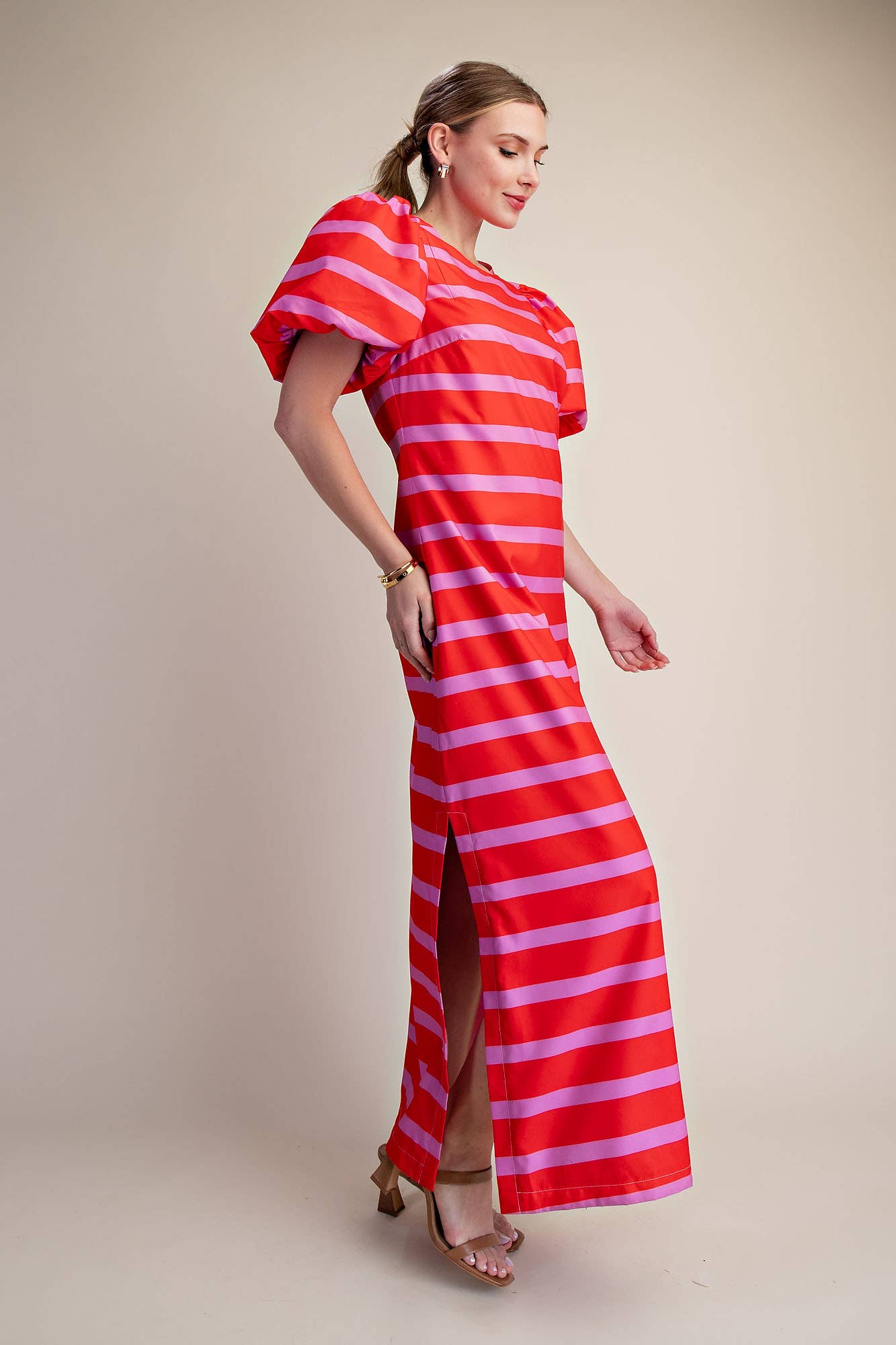 Red/Pink Puff Sleeve Maxi Dress