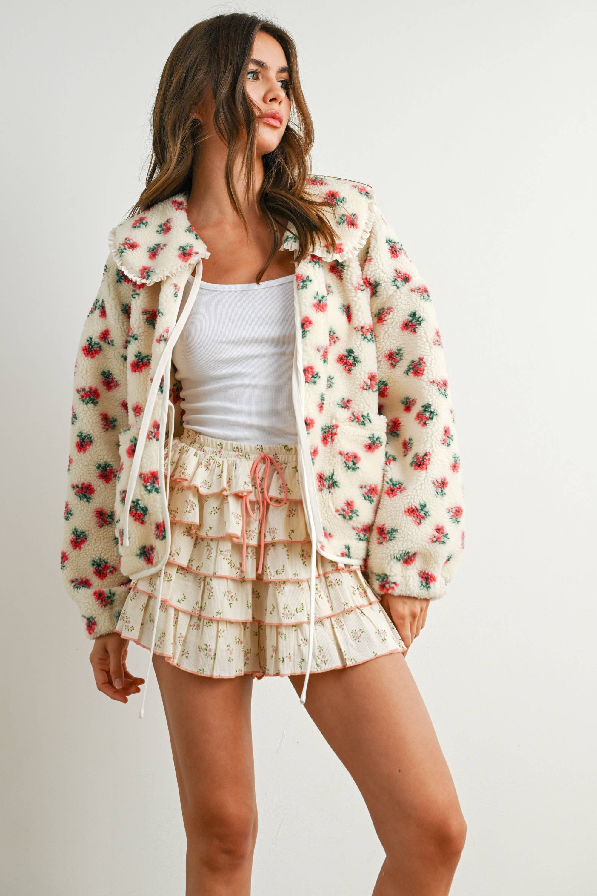 Floral Puffy Tie-Front Sherpa Jacket