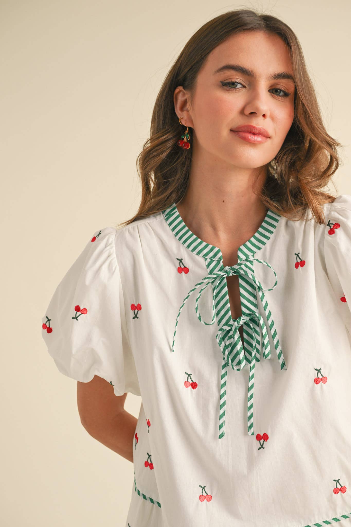 CHERRY EMBROIDERY PUFF SLEEVE MINI DRESS