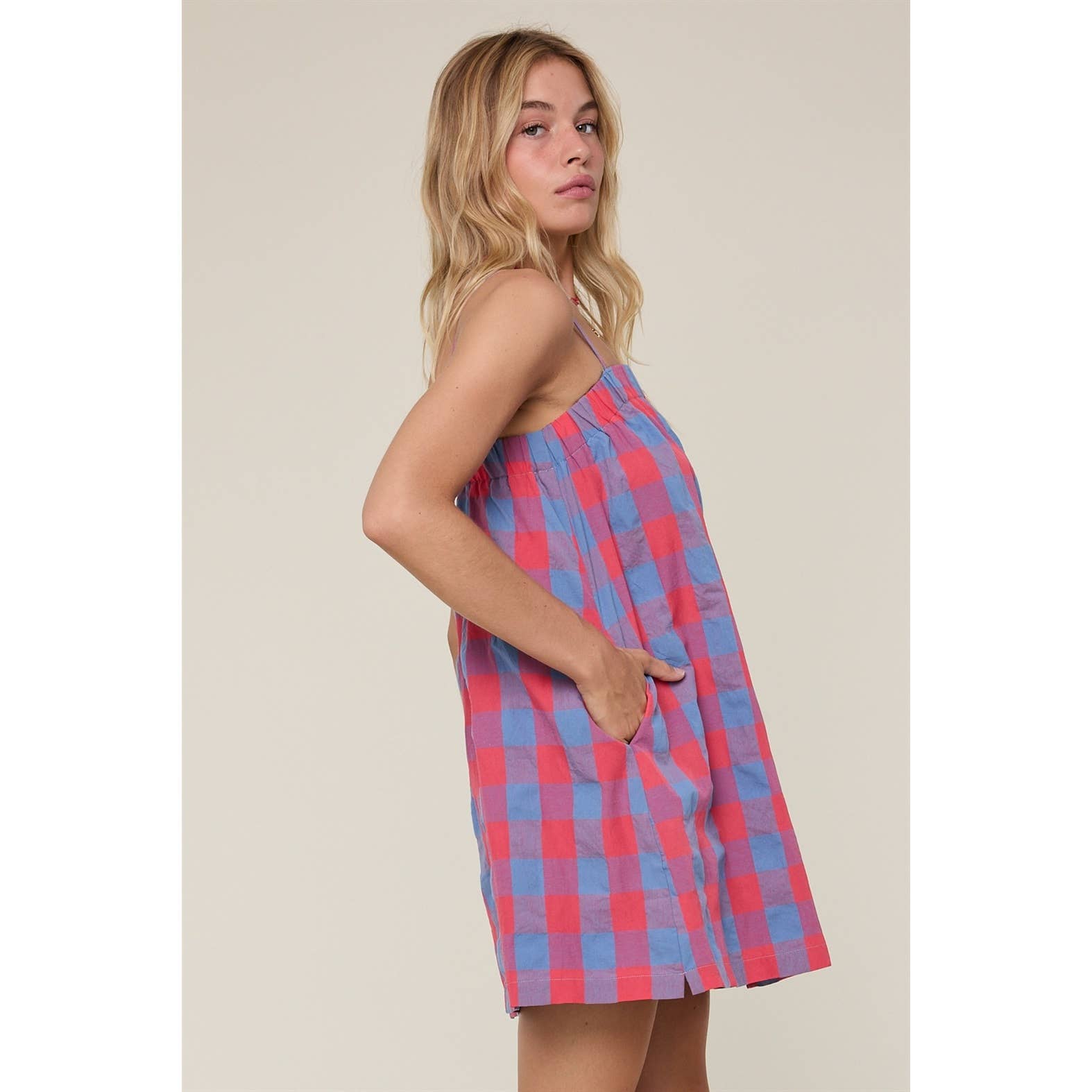 PLAID CAMI MINI DRESS | CHERRY/BLUE