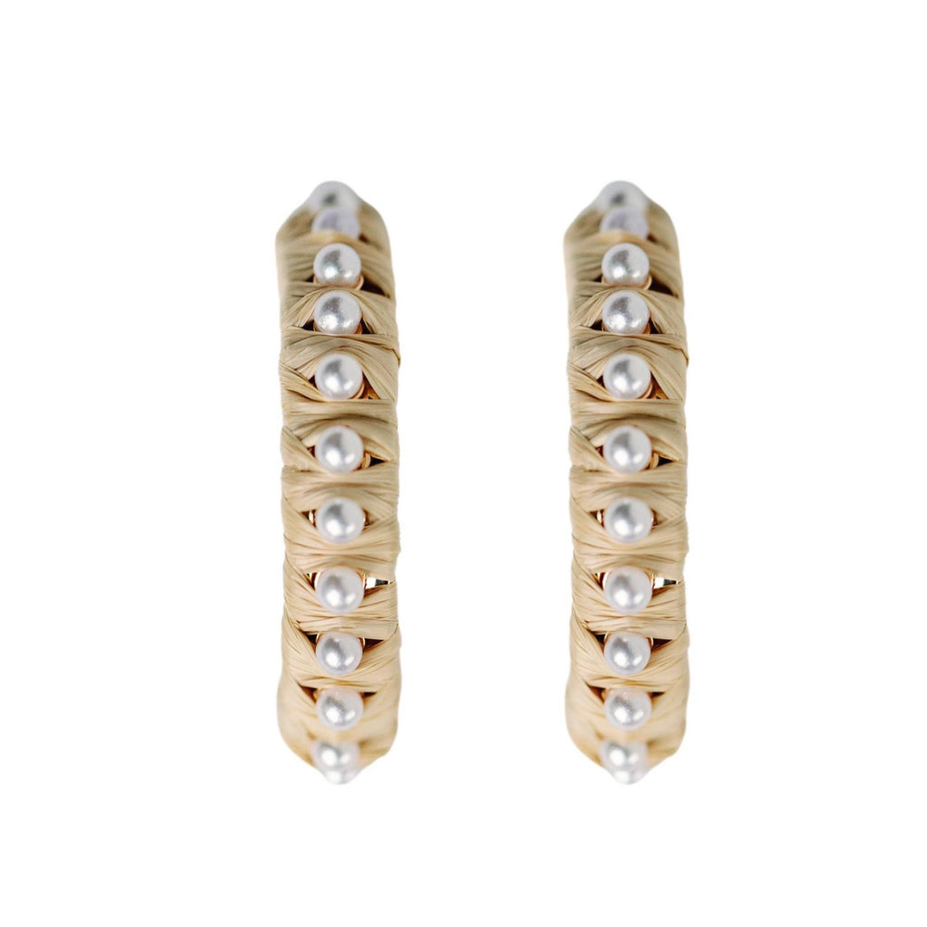 Natural Studded Pearl Raffia Statement Hoop Earrings