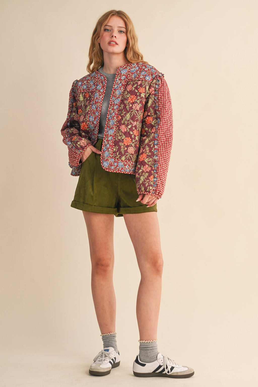 BURGUNDY MIXED PRINT QUILTED JACKET WITH RUFFLE TRIM