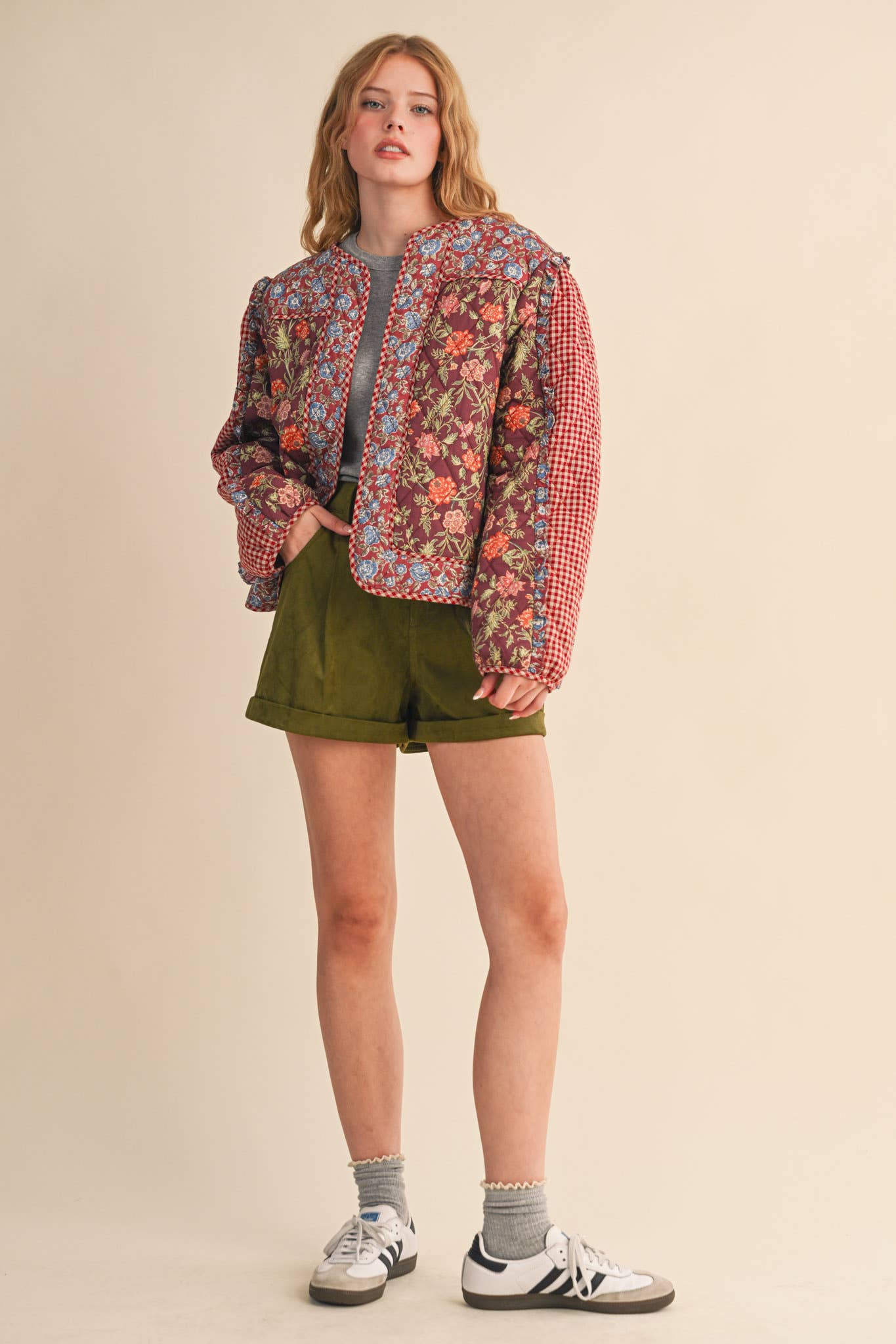 BURGUNDY MIXED PRINT QUILTED JACKET WITH RUFFLE TRIM