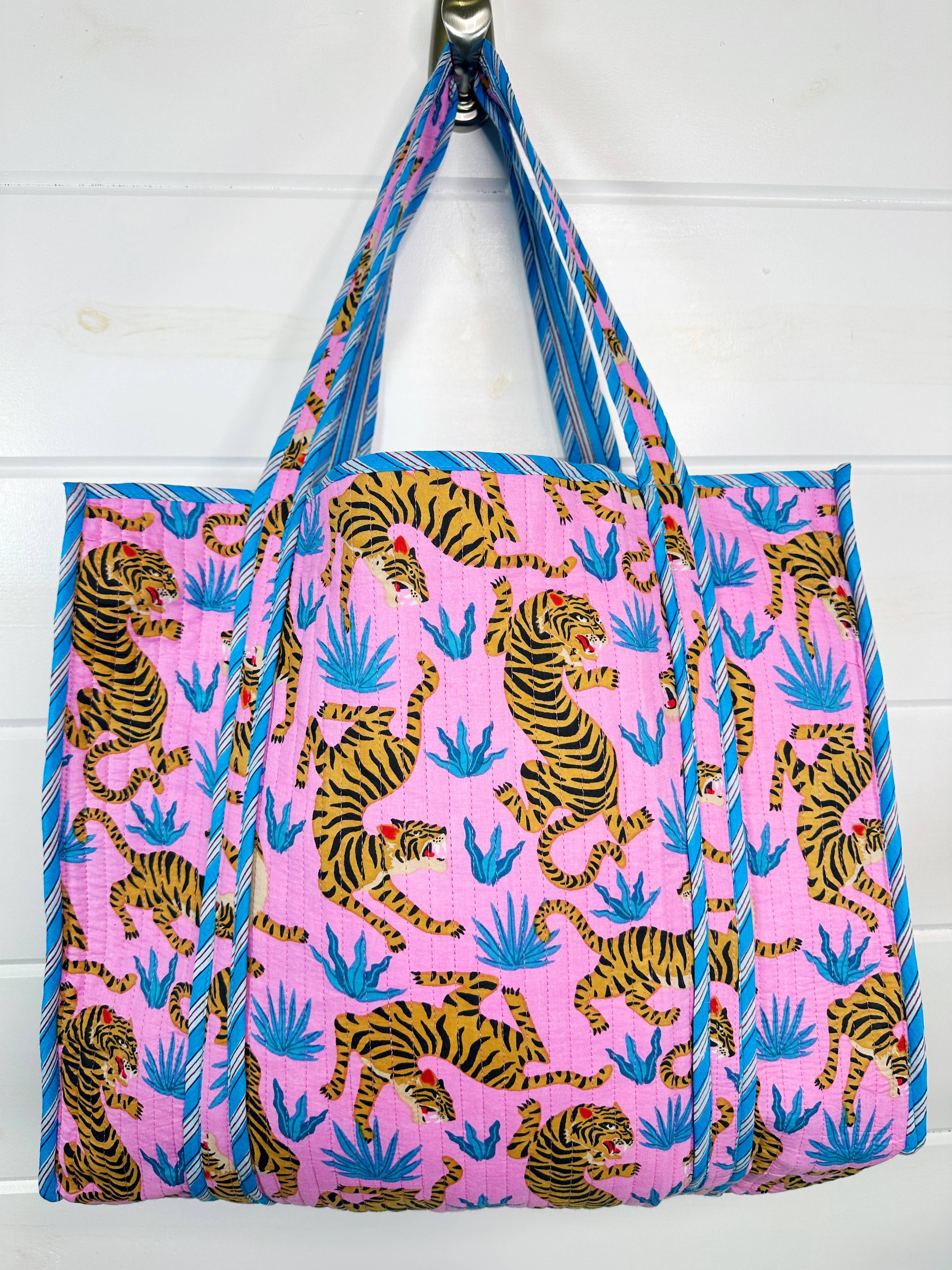 Quilted Tote Bag | Large Travel Bag | Pink Blue Tiger Print