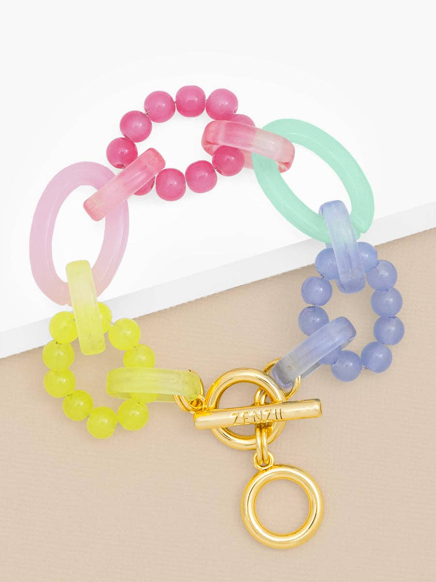 Glass Bead and Resin Link Toggle Bracelet / Rainbow