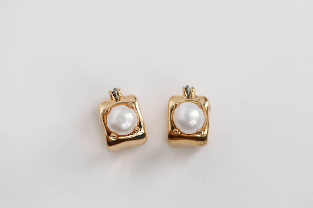 Vintage Mini Square Gold Pearl Huggie Hoop Earrings