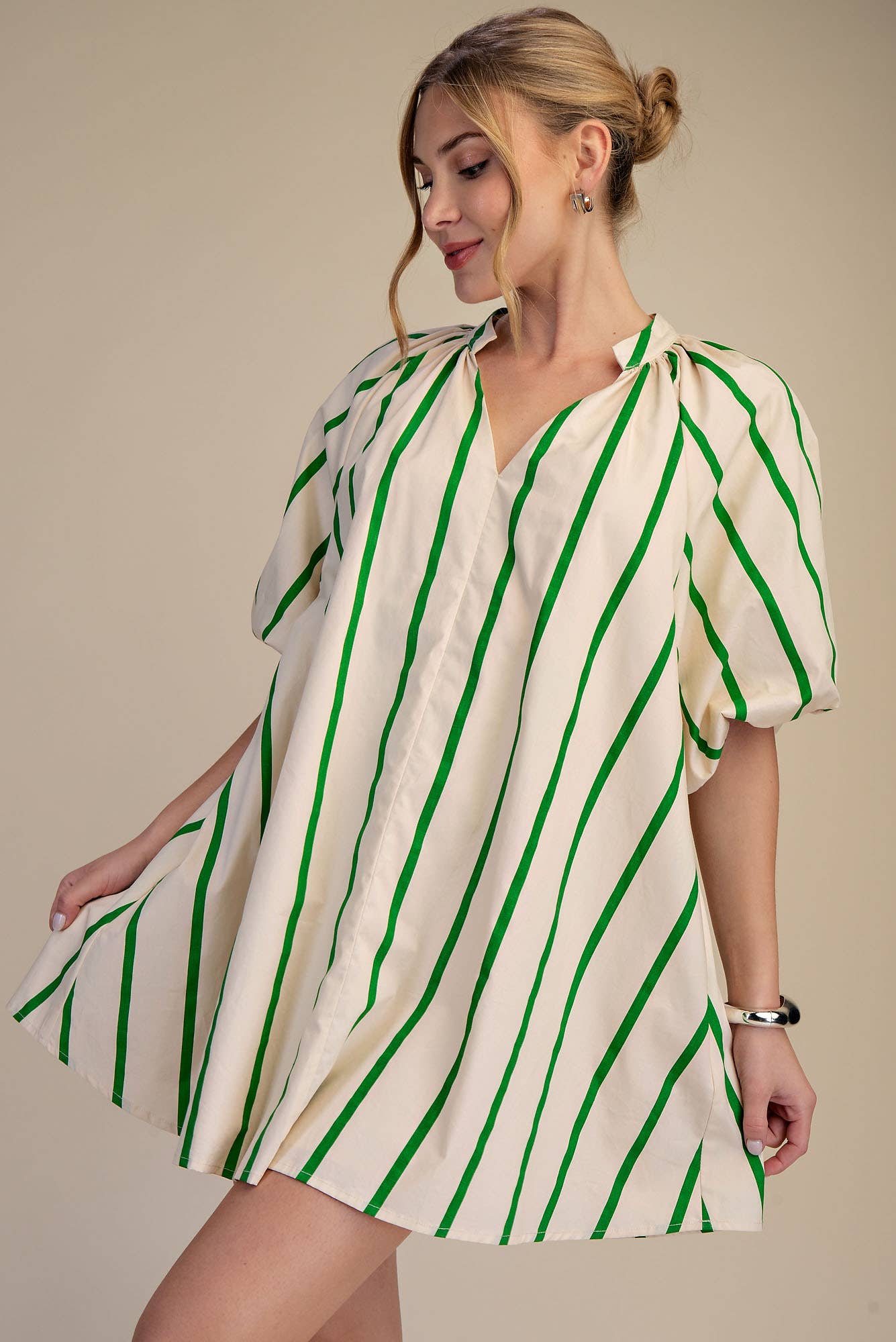 Puff-Sleeve Green Stripe Mini Shift Dress