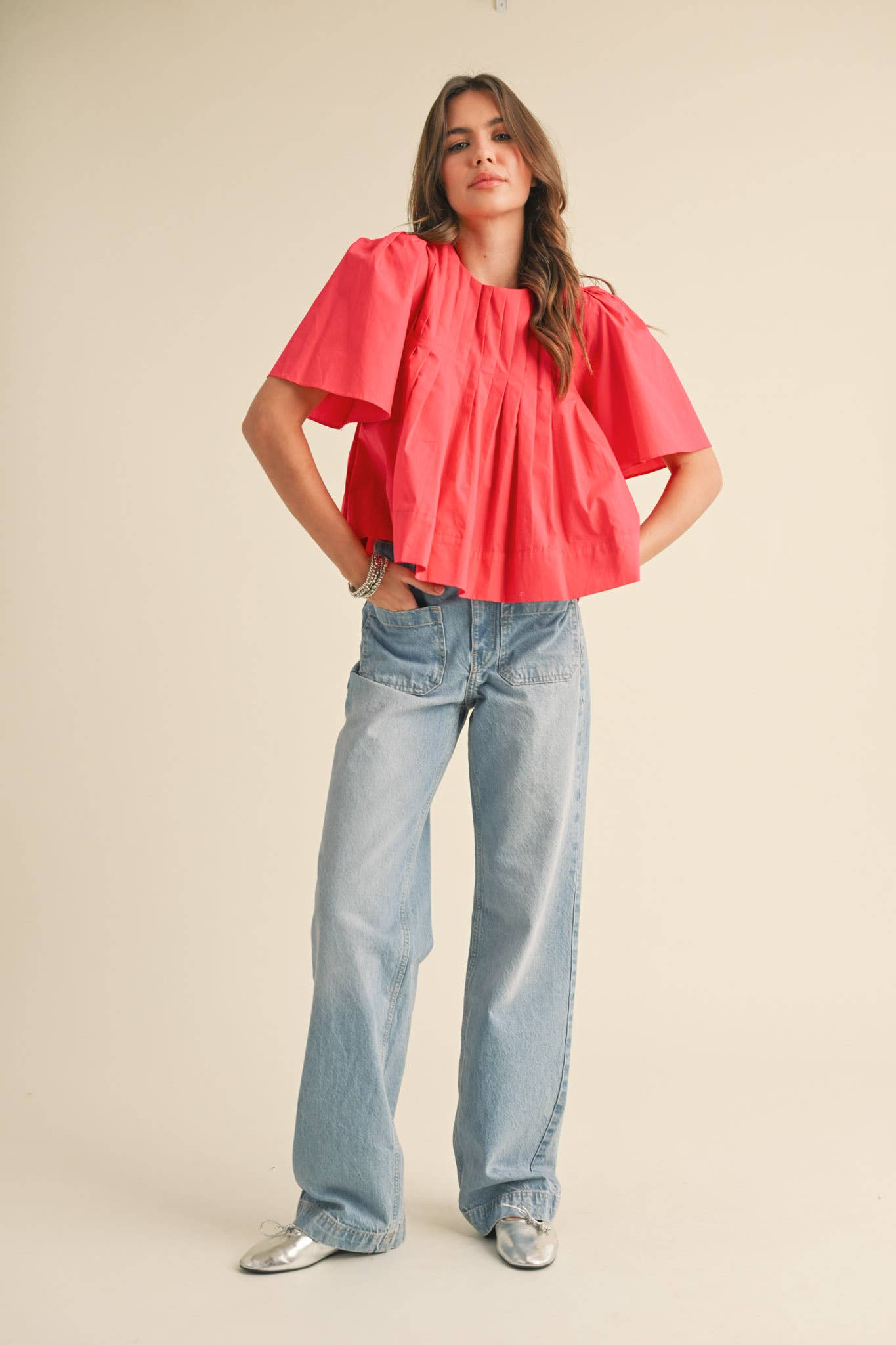 PLEATED SHORT SLEEVE TOP CERISE PINK