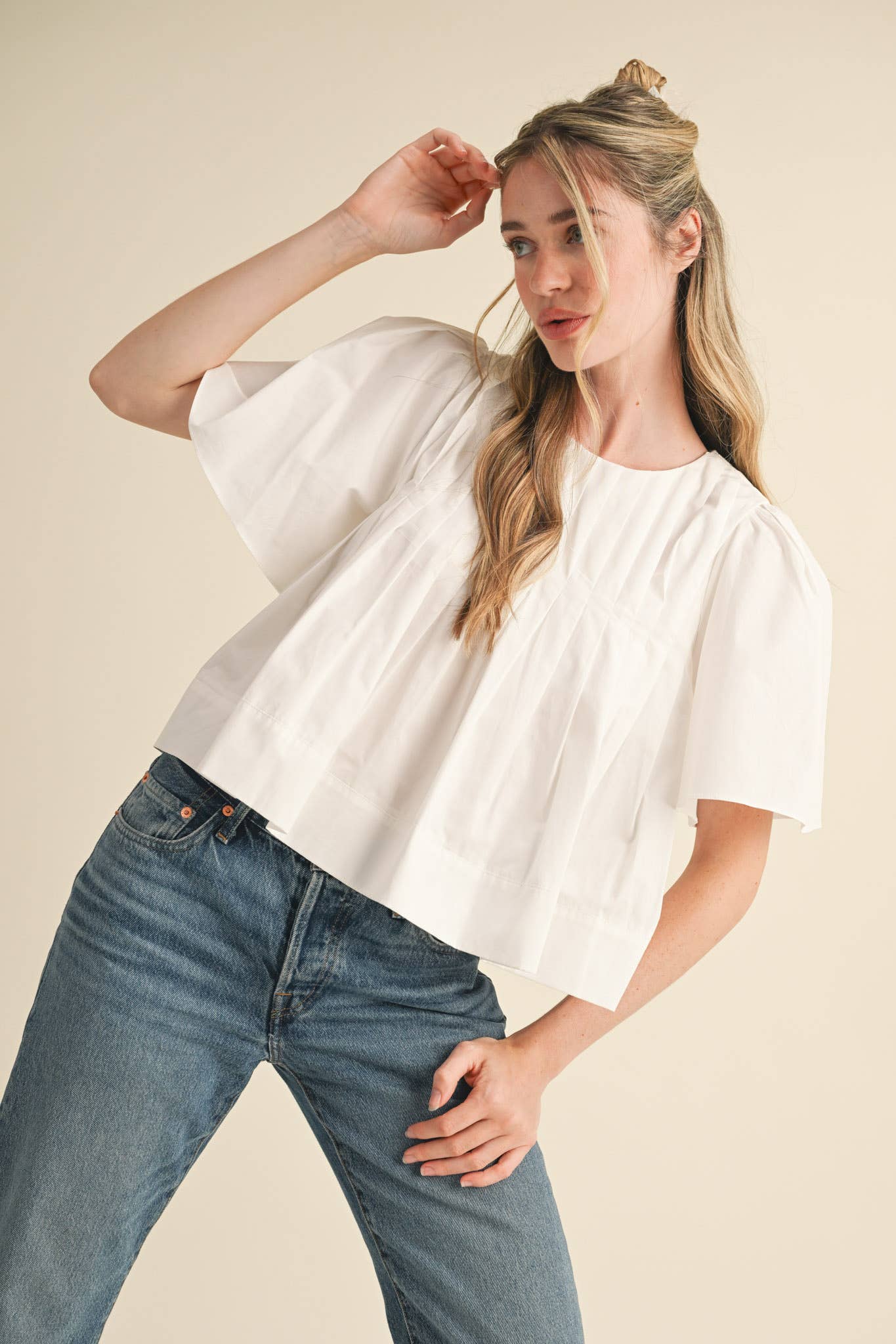 PLEATED SHORT SLEEVE TOP CERISE PINK