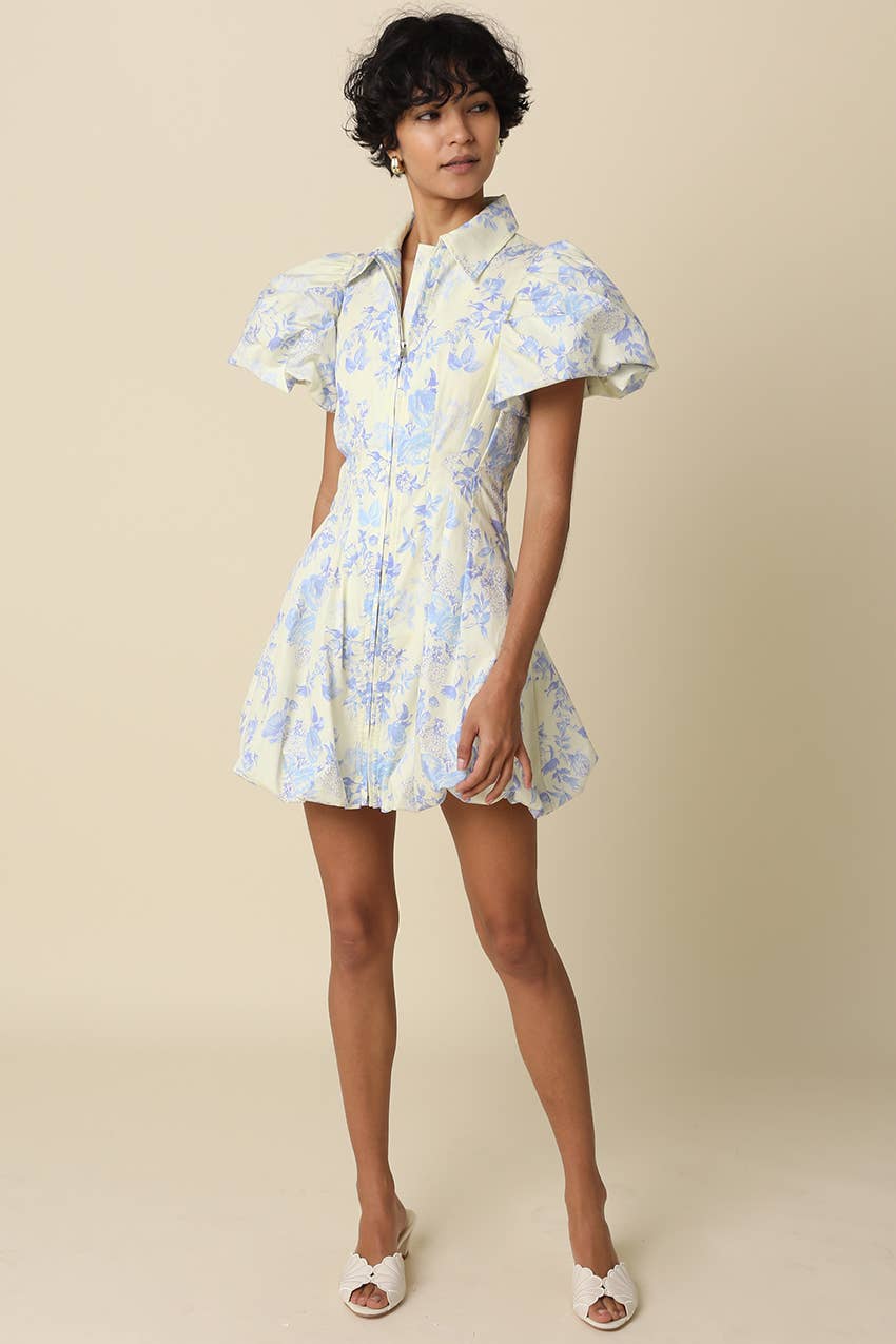 Elain Puff-Sleeve Floral Mini Bubble Dress | Cream Blue