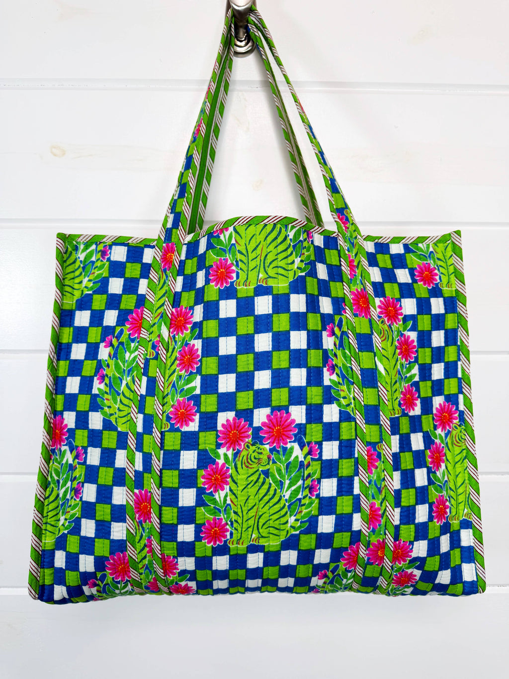 Tote Bags Quilted | Large Travel Tote | Blue Checkered Tiger