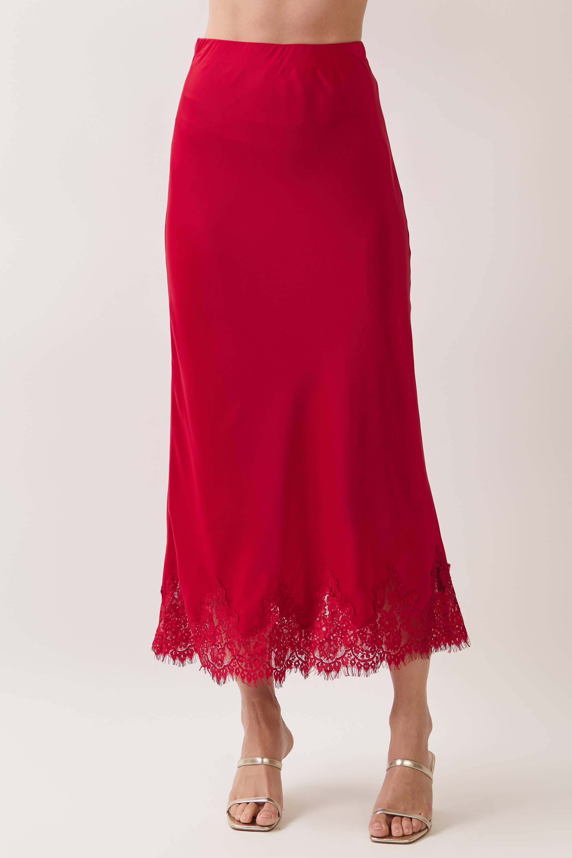Crimson Lace Trim Hem Satin Maxi Skirt