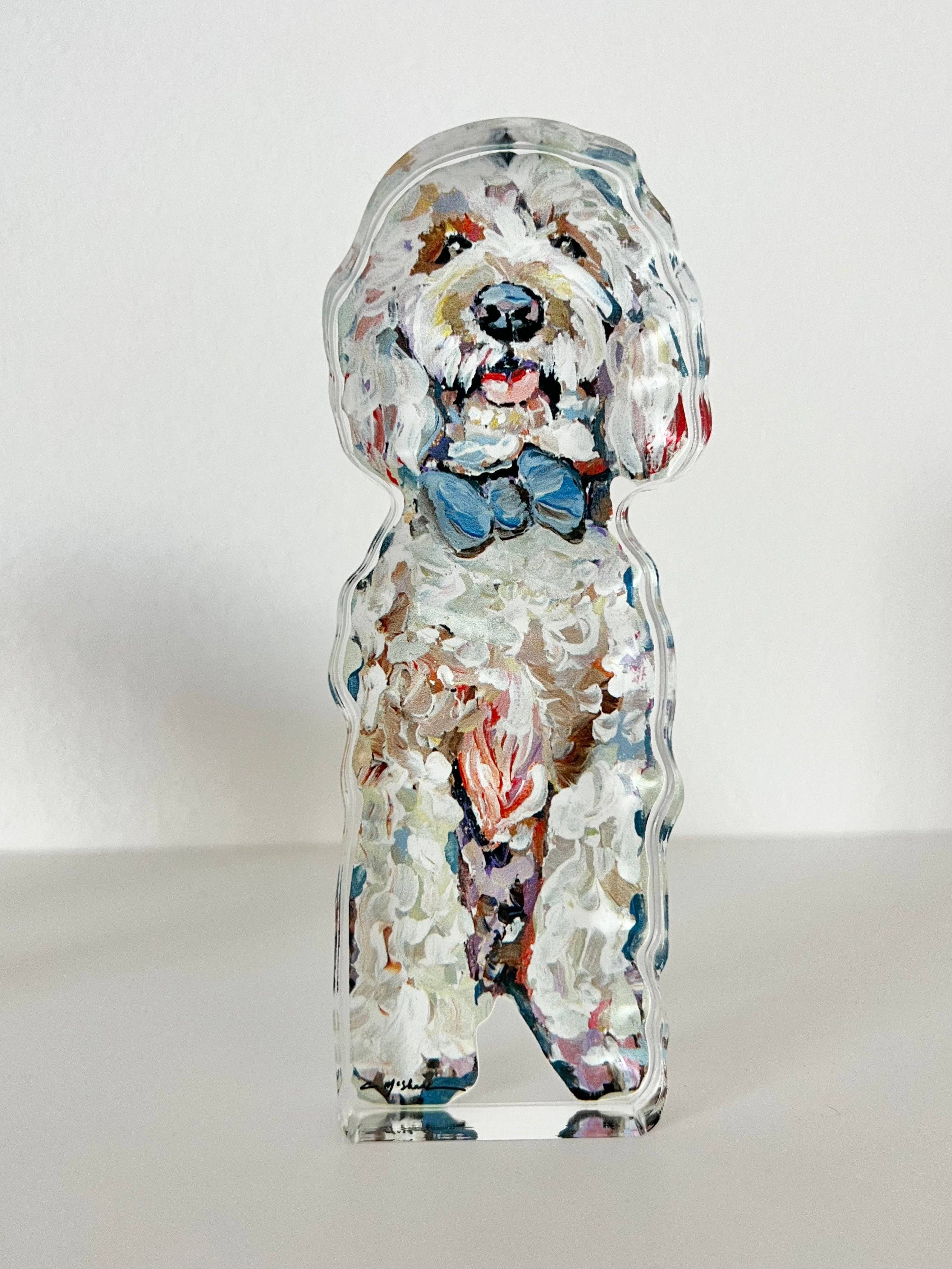 Golden Doodle Blue Bow Acrylic Shelfie