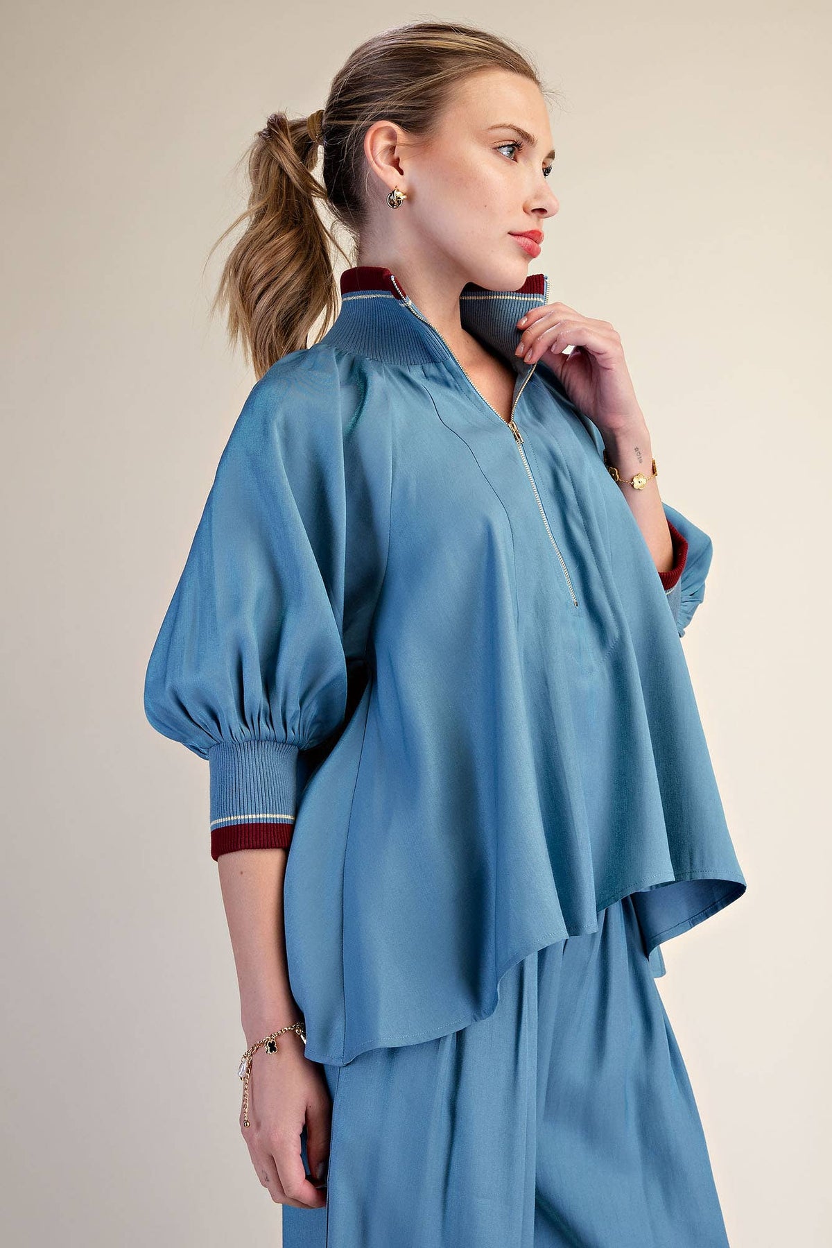 Navy Mock Neck Band Puff Sleeve Blouse