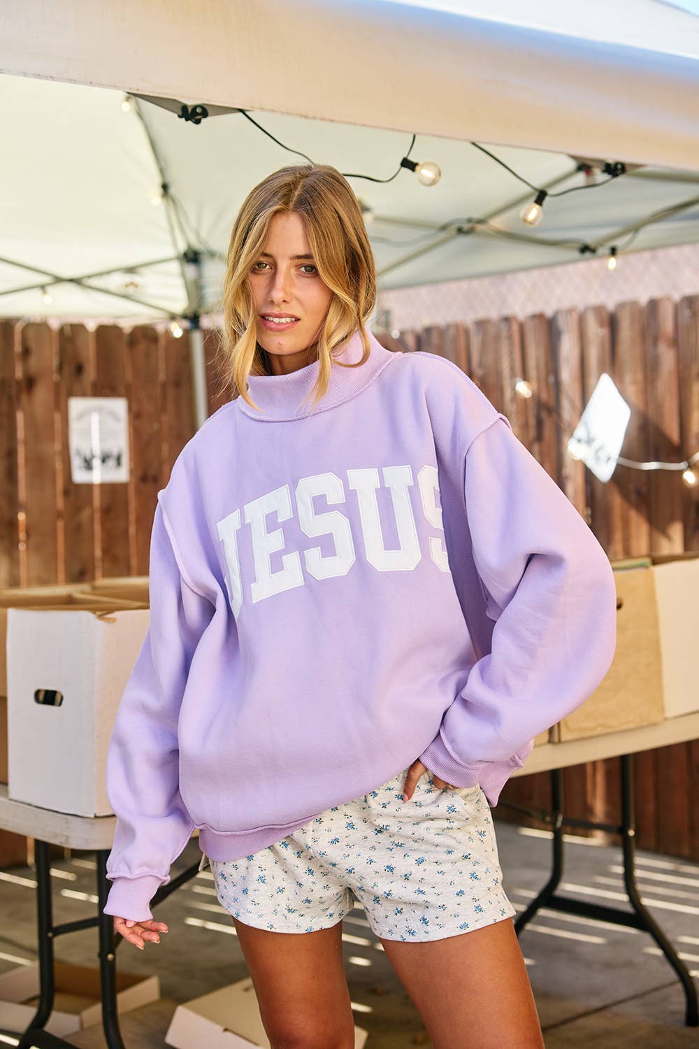 JESUS Embroidered Mock Neck Sweatshirt | LAVENDER