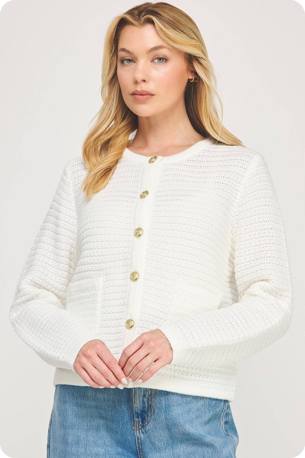 Textured Knit Cardigan: Off White