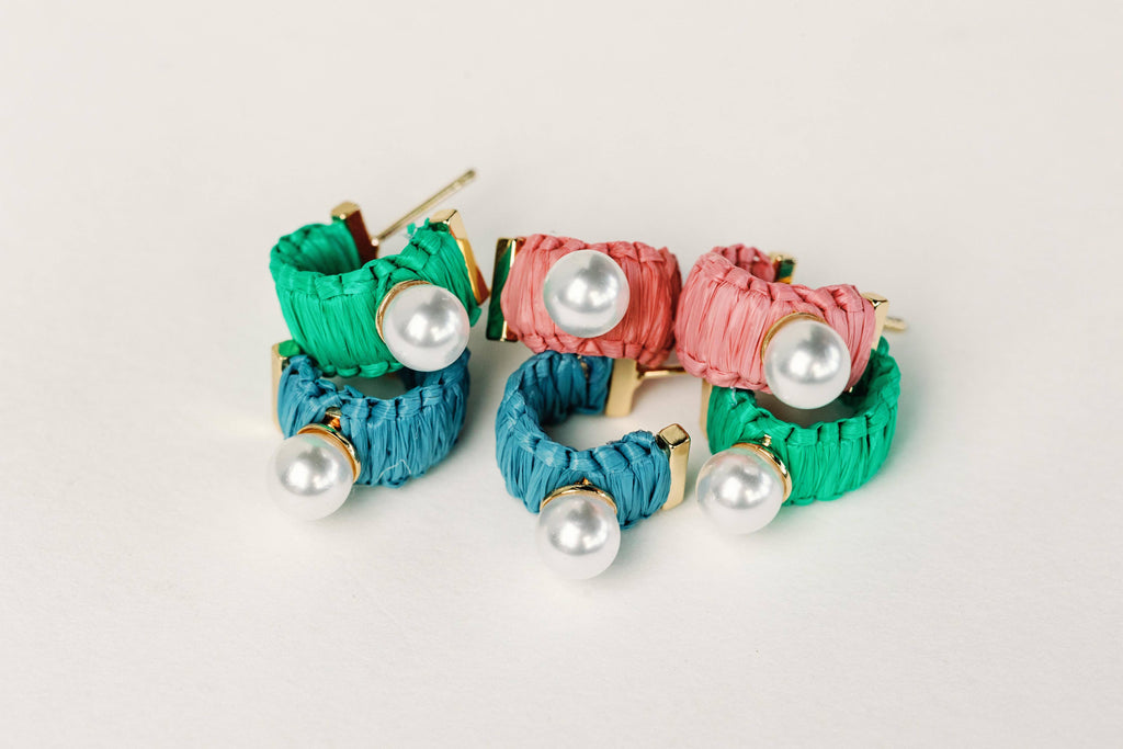 Mini Green Raffia and Pearl Huggie Hoop Earrings