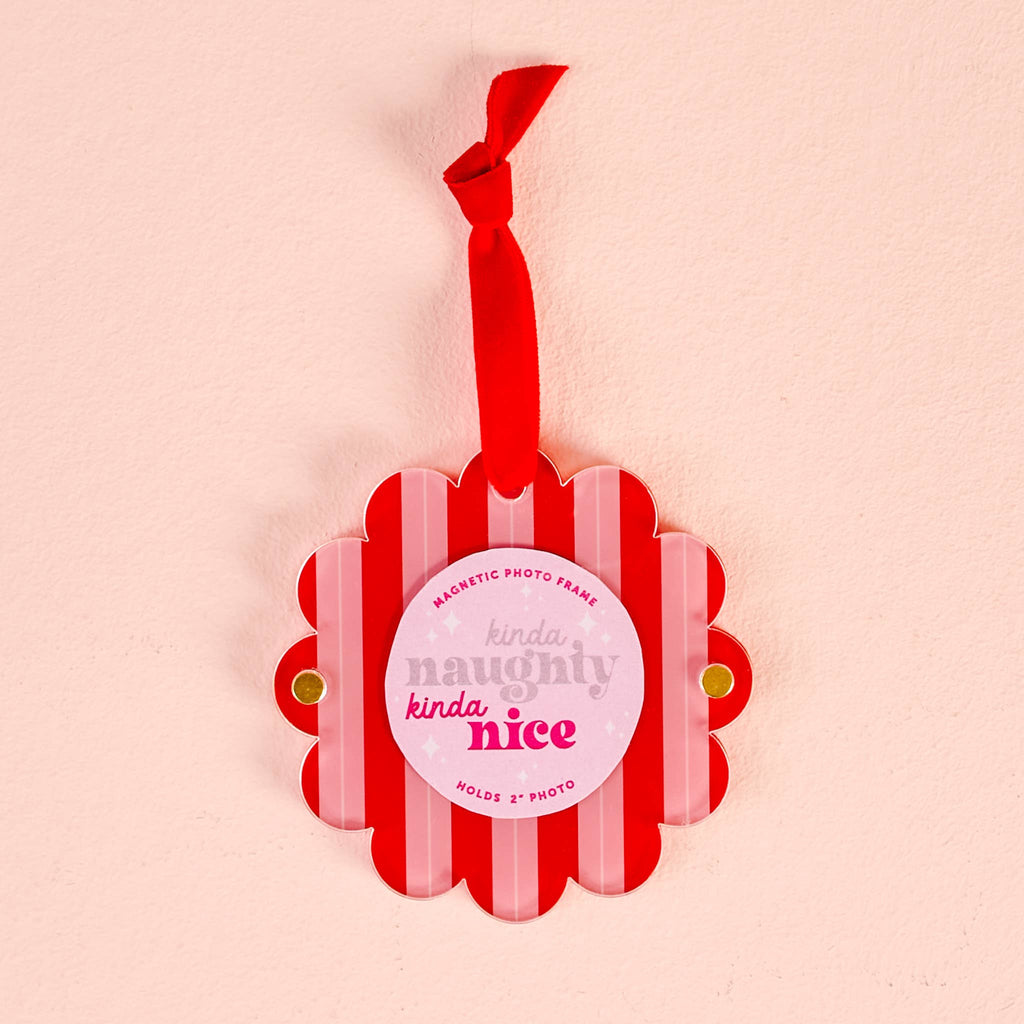 Scalloped Round Picture Frame Ornament-Peppermint Stripes