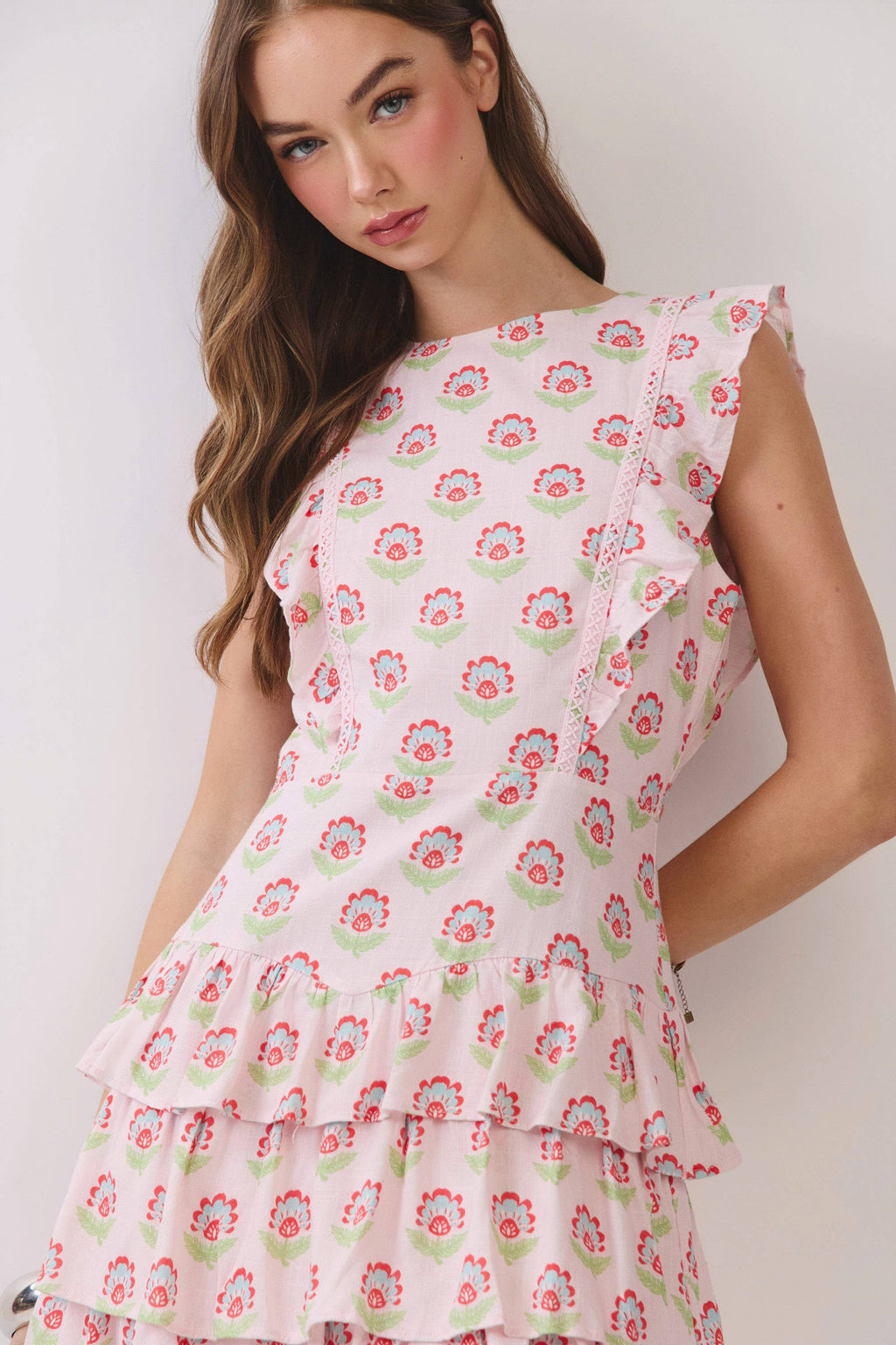 Floral Print Lace Trim Ruffle Tiered Mini Dress