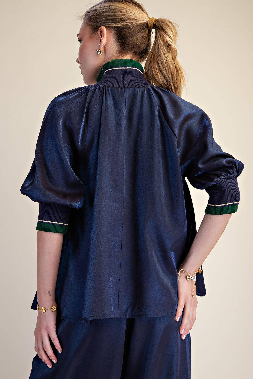 Navy Mock Neck Band Puff Sleeve Blouse