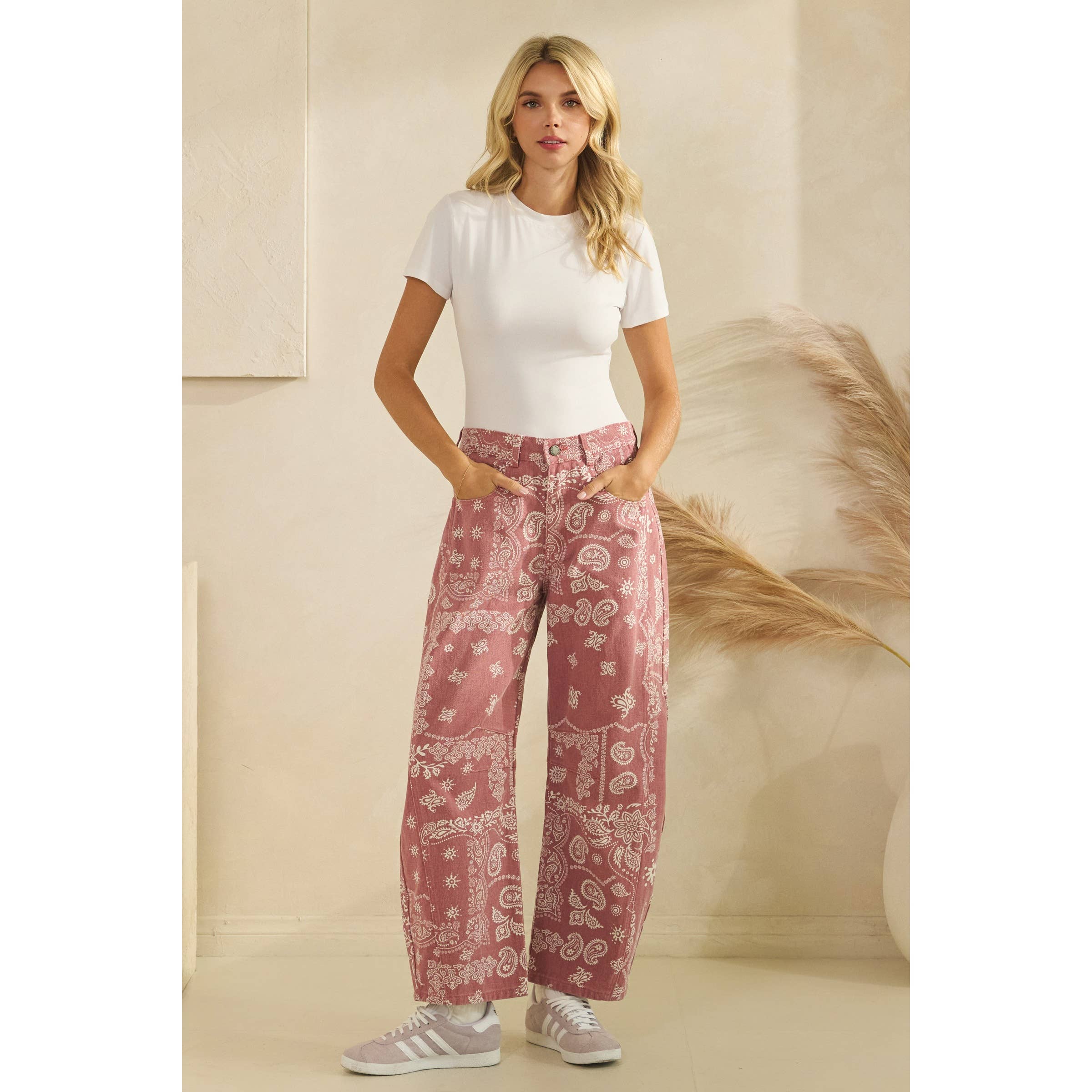 Paisley Printed Denim Pants | Red