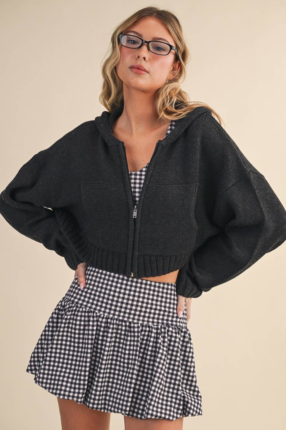 Knit Zip Up Hoodie Sweater: Black