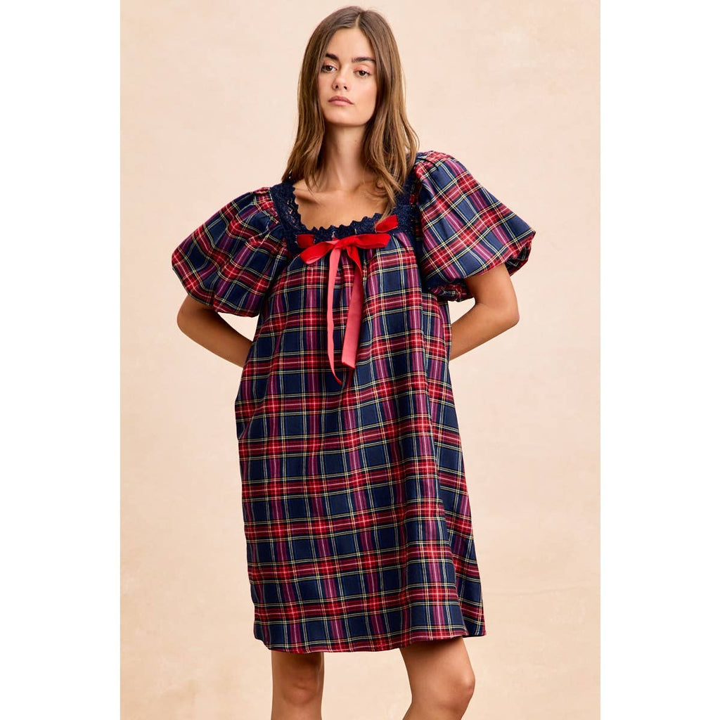 CHRISTMAS PLAID BALLOON SLEEVES SQUARED NECK DRESS