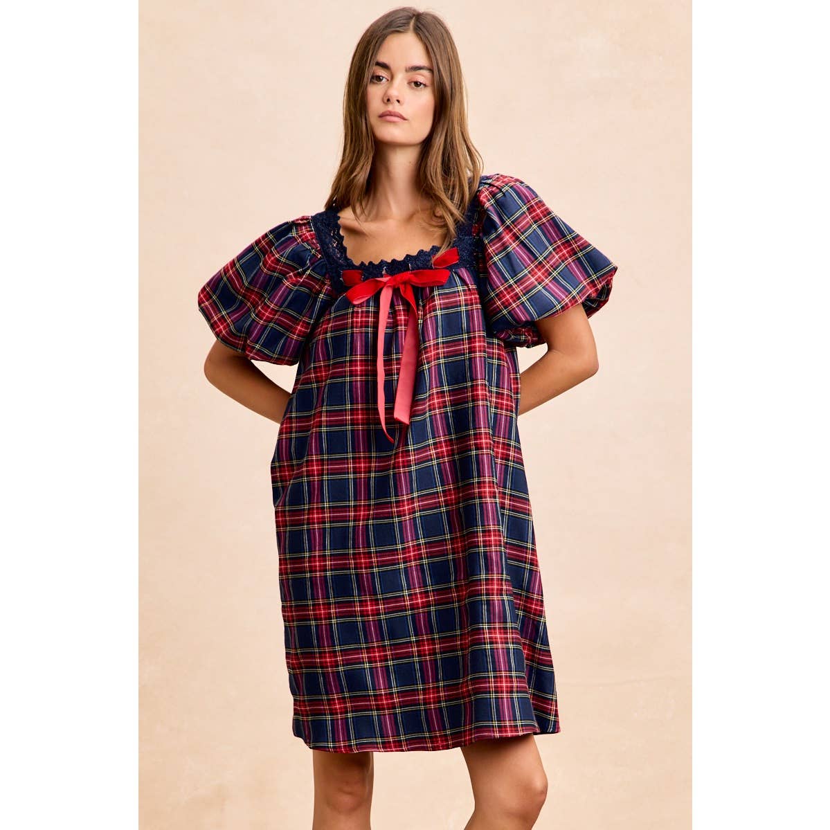 CHRISTMAS PLAID BALLOON SLEEVES SQUARED NECK DRESS