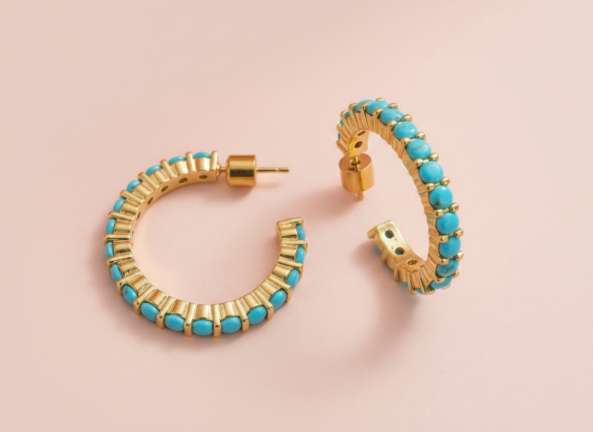 Hoop Earrings - Turquoise Stones - Brinn - Assorted Sizes: Medium