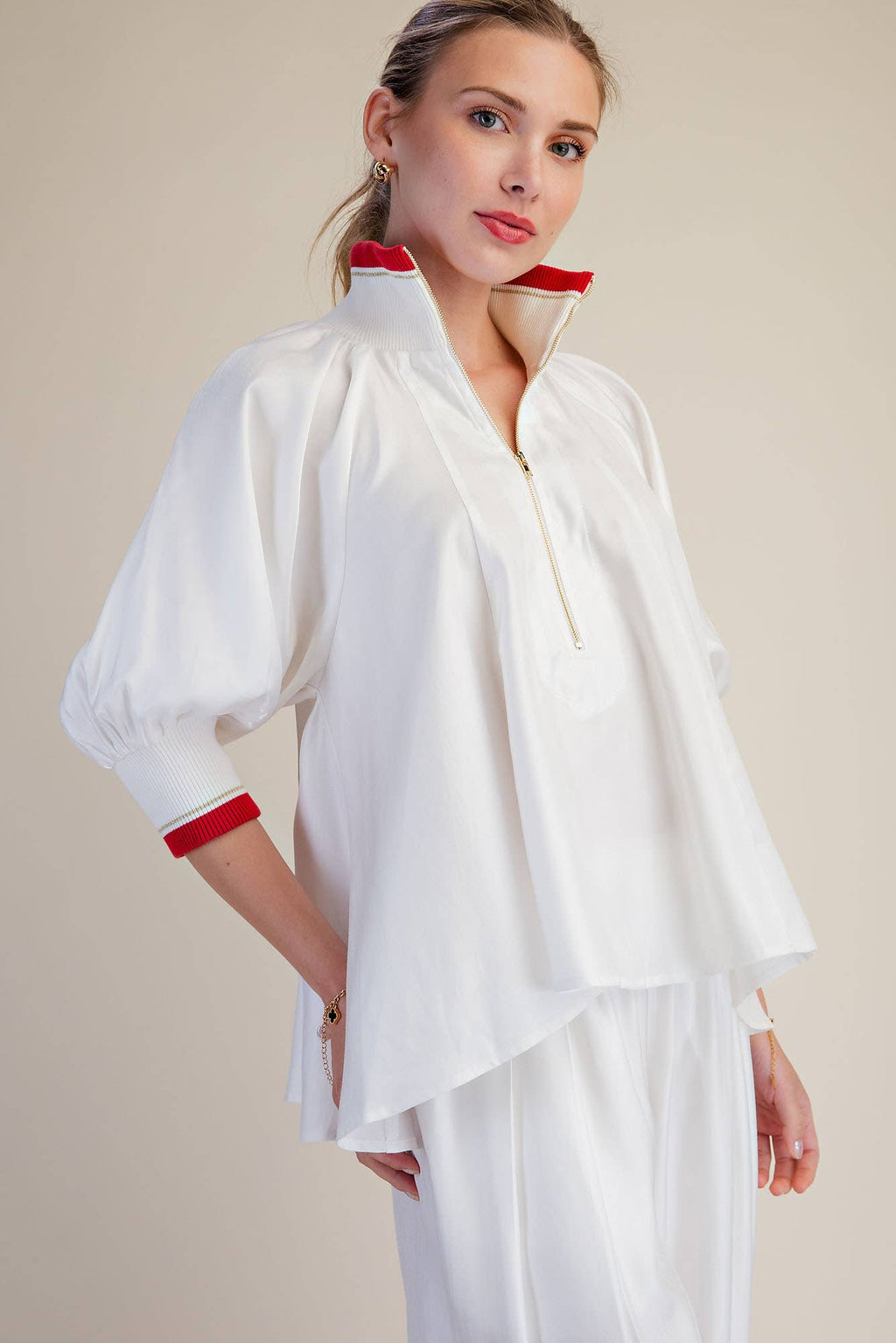 Navy Mock Neck Band Puff Sleeve Blouse