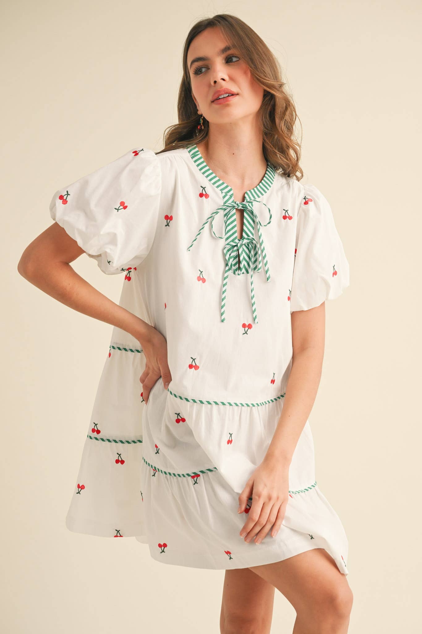 CHERRY EMBROIDERY PUFF SLEEVE MINI DRESS