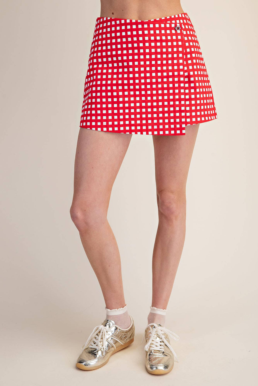 Red Gingham Wrap Skort Checkered With Front Button