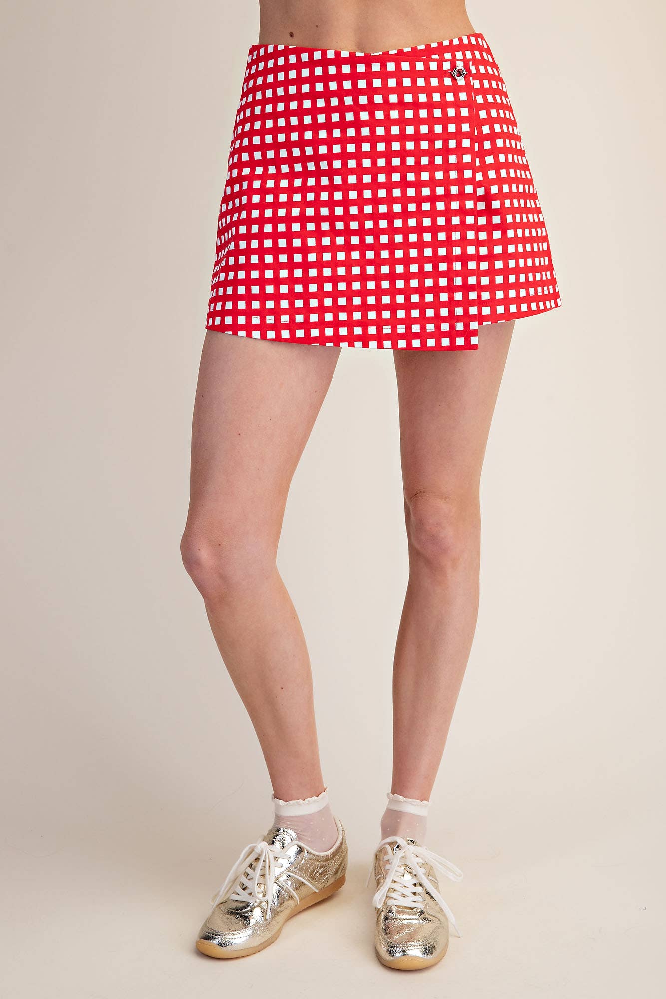 Red Gingham Wrap Skort Checkered With Front Button