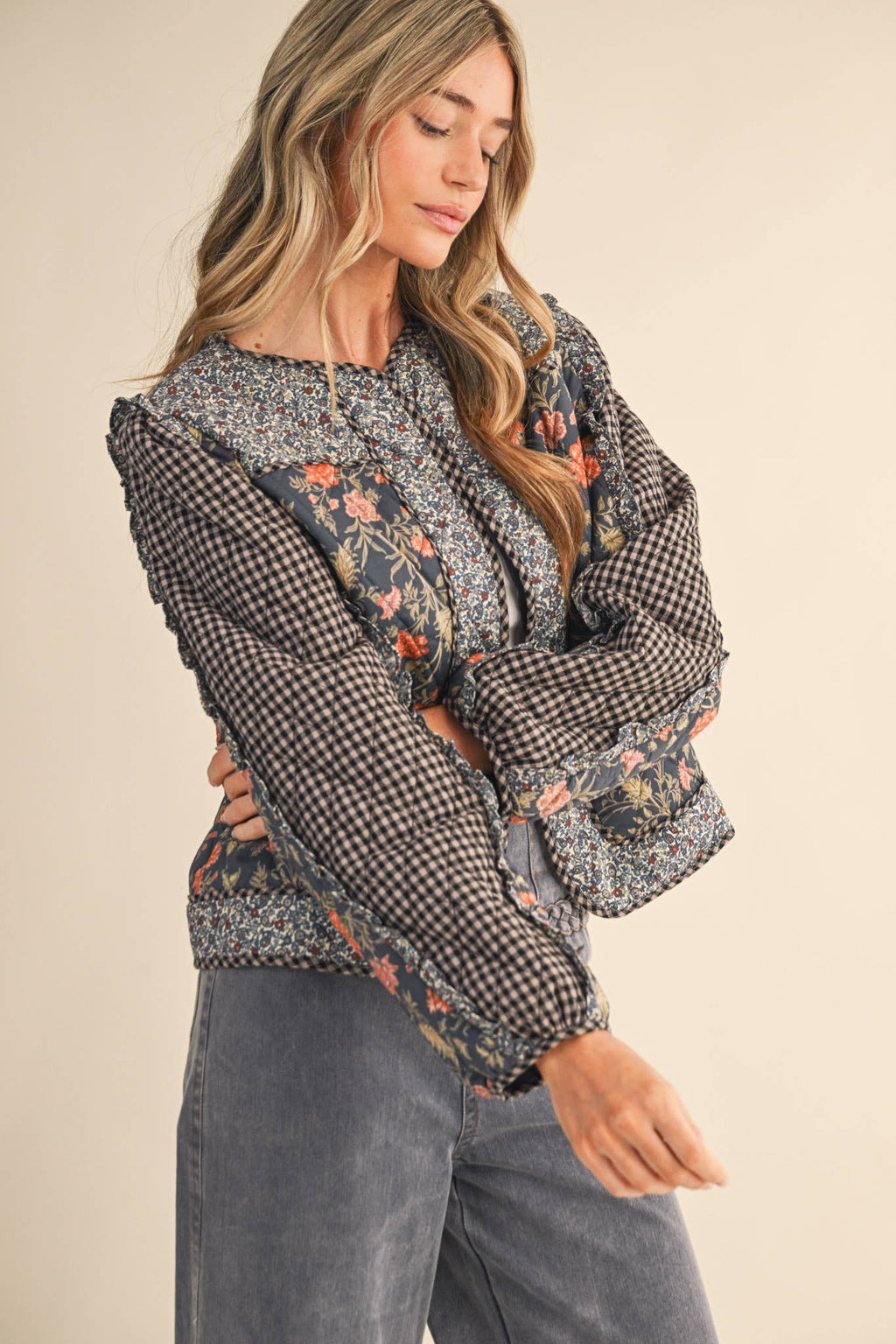 BURGUNDY MIXED PRINT QUILTED JACKET WITH RUFFLE TRIM