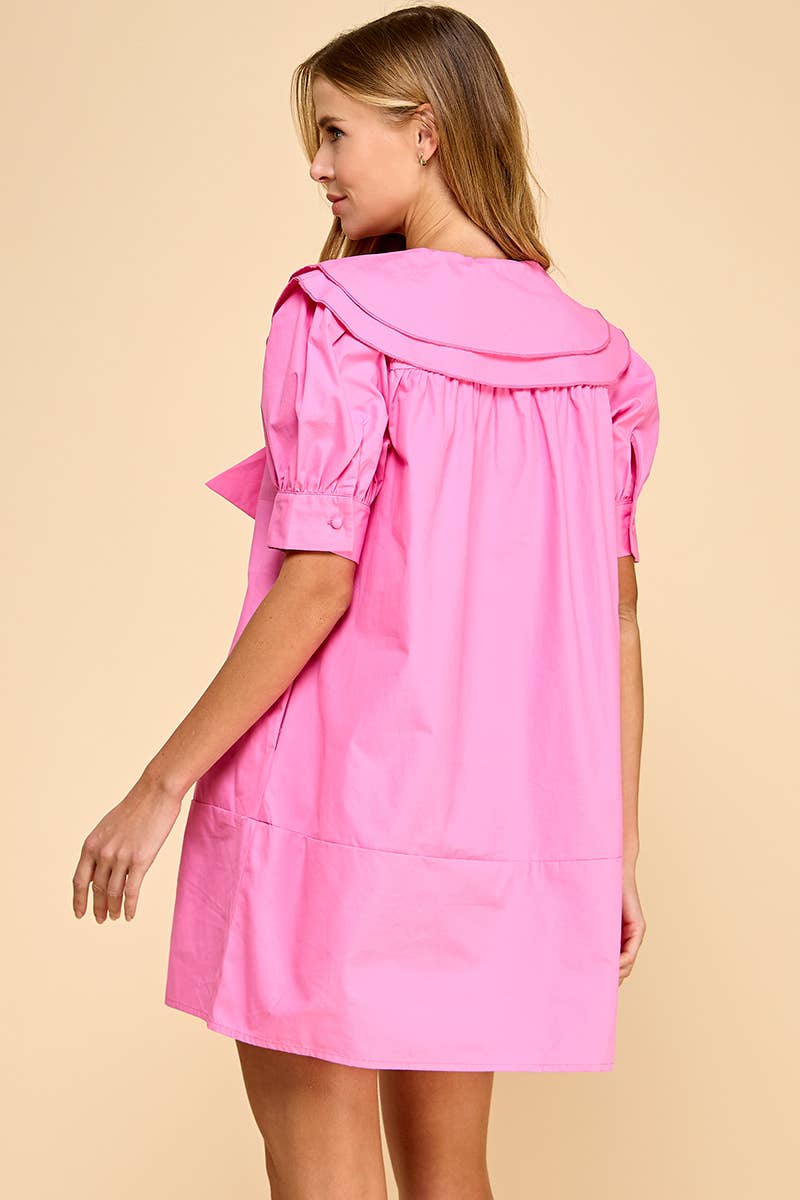 Wide Sailor Collar Front Bow Tie Shift Dress: HOT PINK