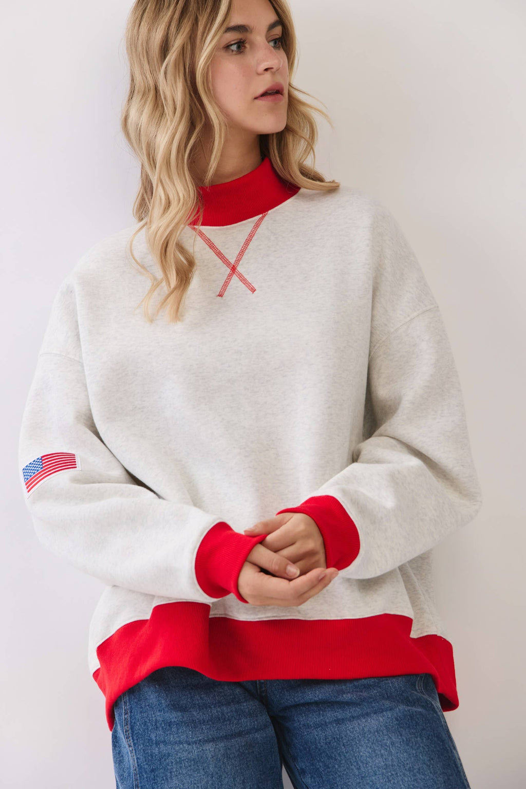 American Flag Patch Mock Neck Sweatshirt