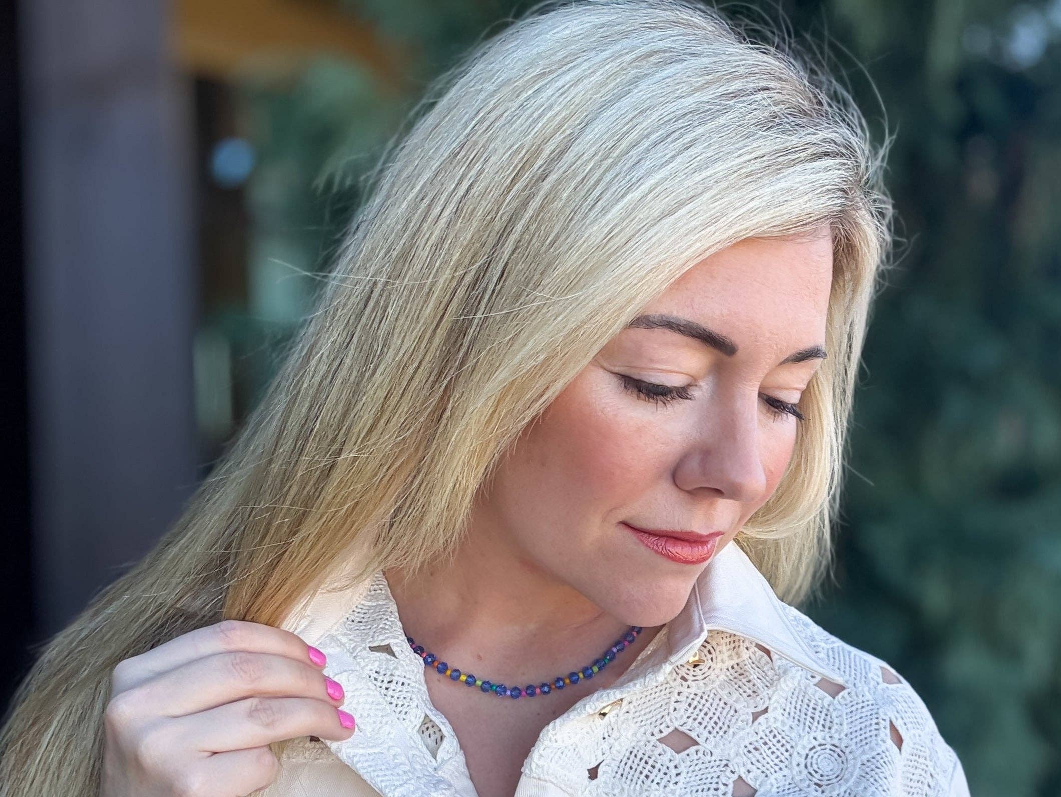 Beaded Necklace - Blue + Multi-Colored - Camille