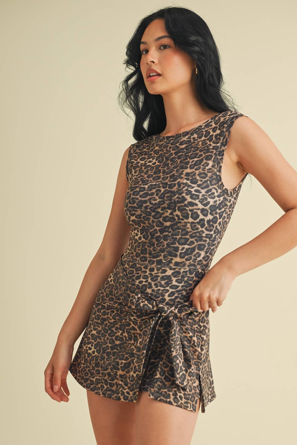 Leopard Print Sleeveless Wrap Tie Front Dress : Leopard