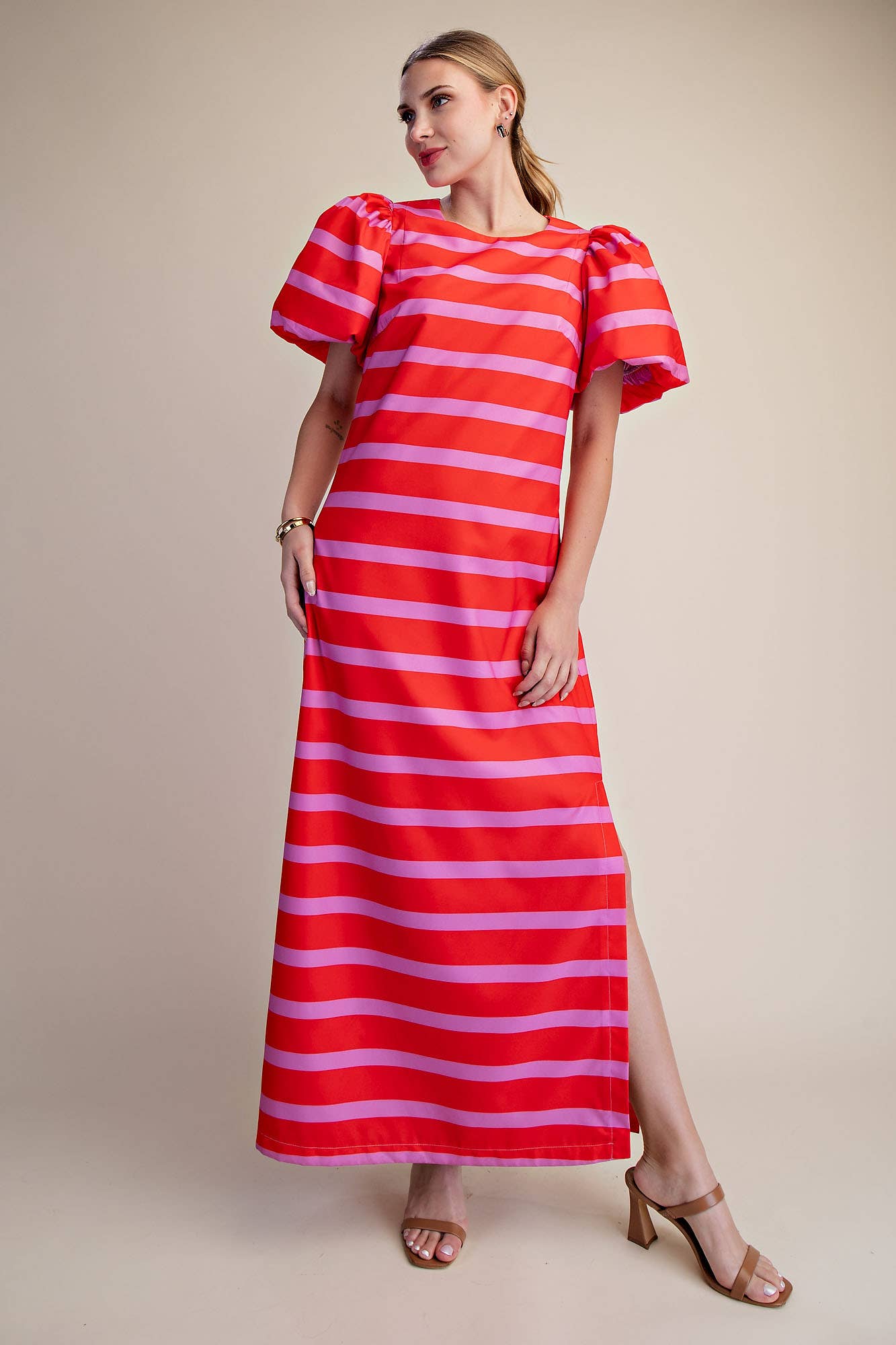 Red/Pink Puff Sleeve Maxi Dress