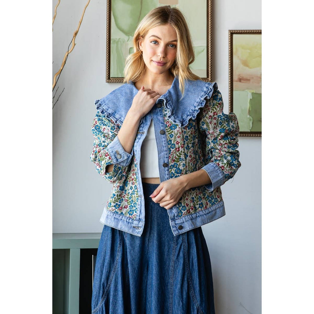 Vintage Jacquard Ruffle collar Denim Jacket