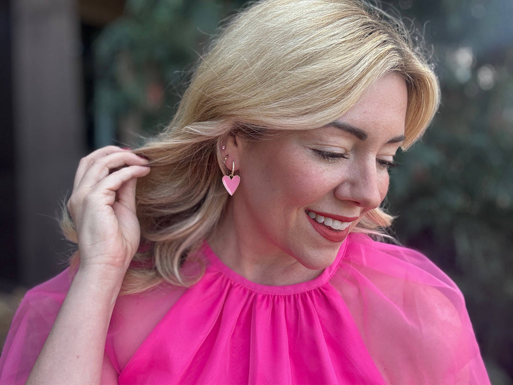 Jane Huggie Earrings | Pink Enamel Heart Charms