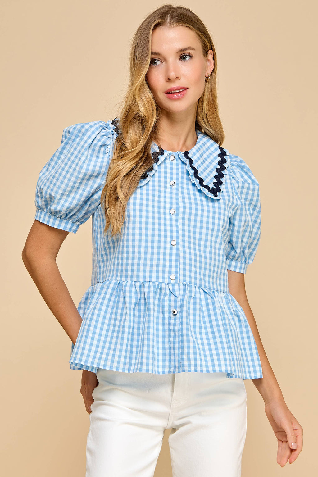 Gingham Peplum Top With Peter Pan Collar: Blue