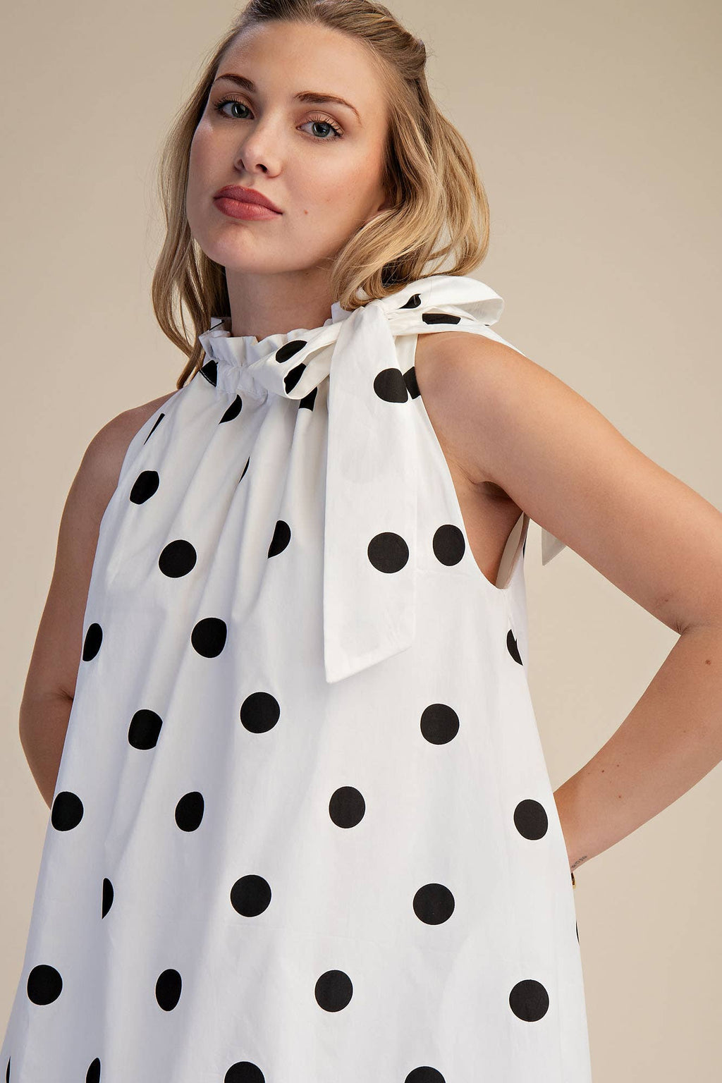 Polka Dot Midi Dress Sleeveless With Ruffle Neck Tie