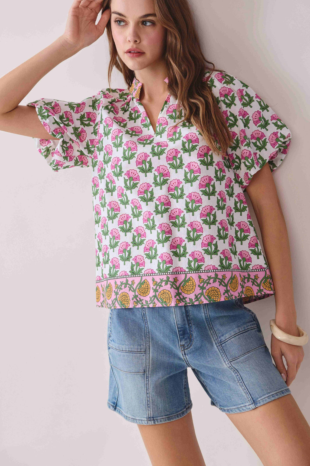 Floral Print Bubble Sleeves Split Neckline Top + Skirt Set