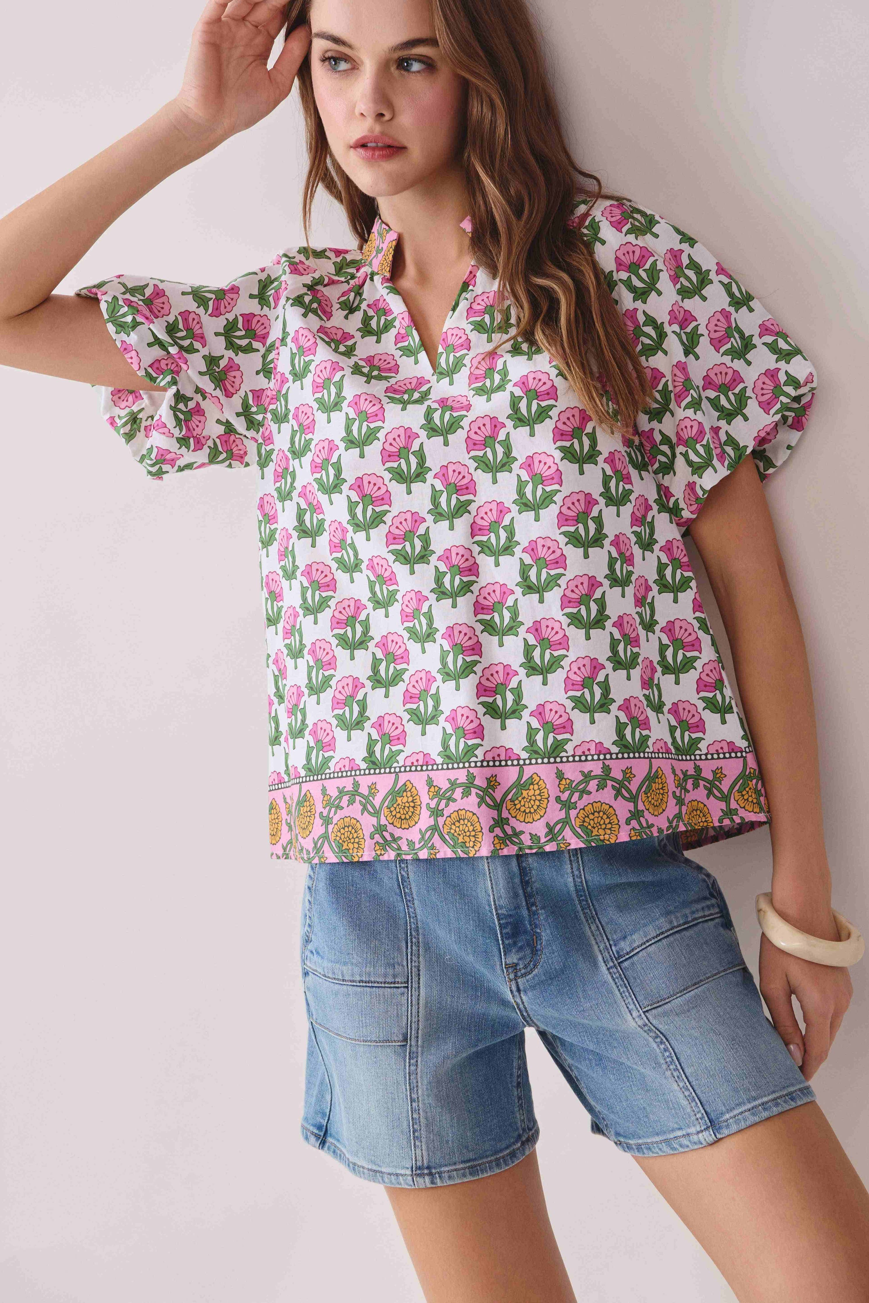Floral Print Bubble Sleeves Split Neckline Top + Skirt Set